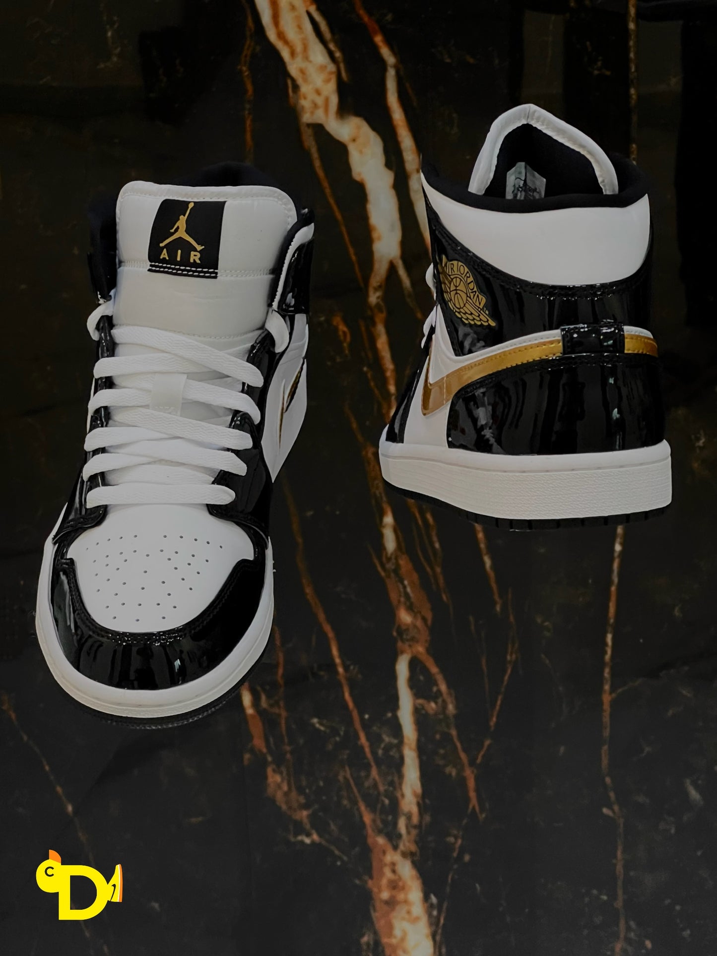 Jordan 1 Mid "Patent Black White Gold"