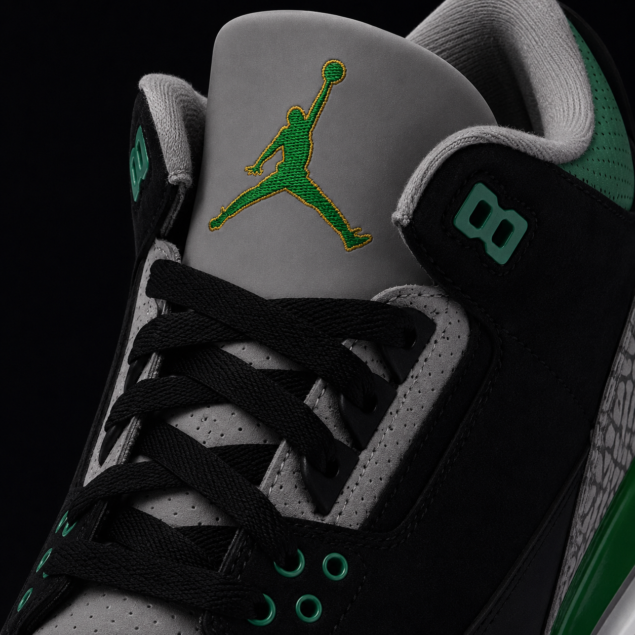 Air Jordan 3 Retro Pine Green, detalle de agujetas — Crazy!Duck Hype