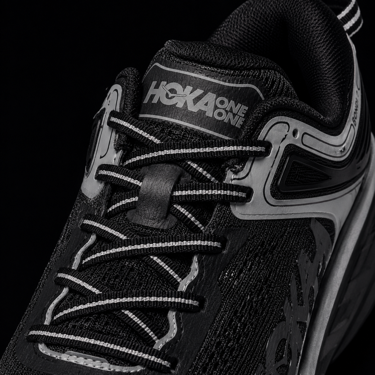 Hoka Bondi 7 Silver Black, detalle de agujetas — Crazy!Duck Hype