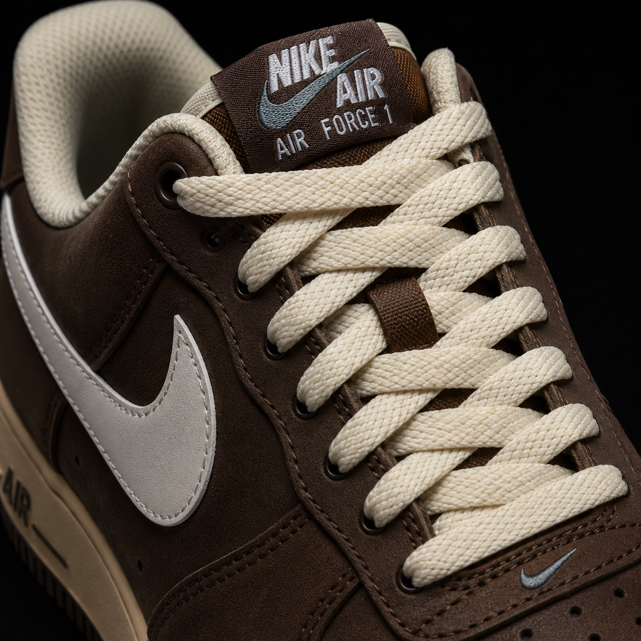 Nike Air Force 1 Low '07 Cacao Wow Coconut Milk, detalle de agujetas — Crazy!Duck Hype