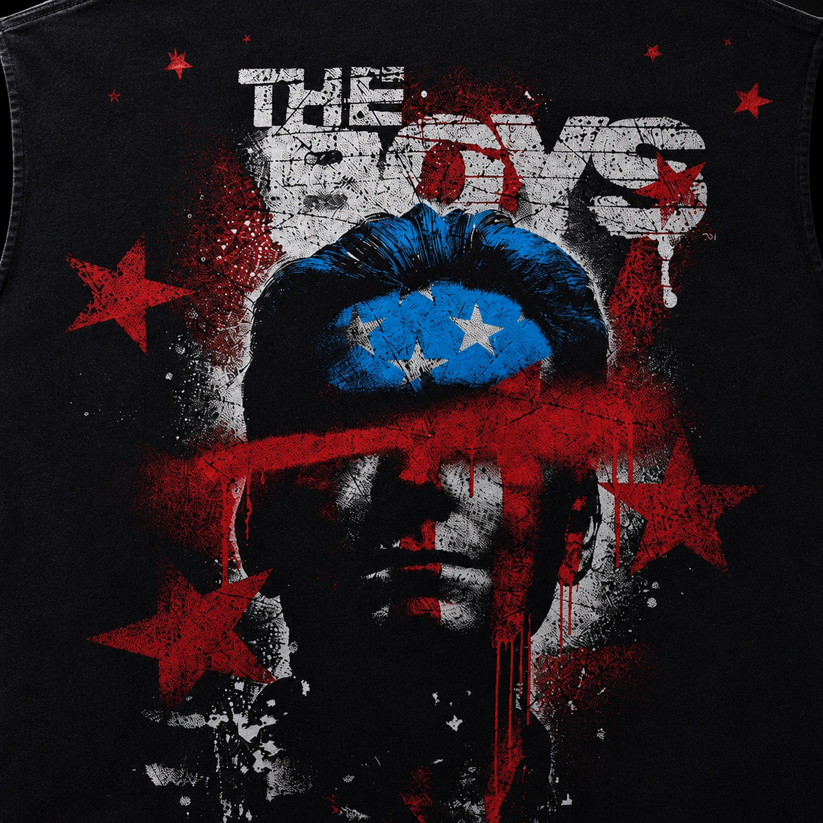 YoungLA 3005 The Boys Cut-Offs Homelander Art, detalle de estampado — Crazy!Duck Hype