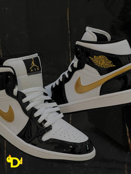 Jordan 1 Mid "Patent Black White Gold"