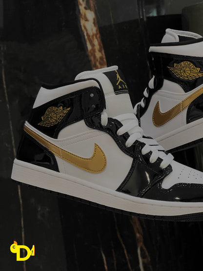 Jordan 1 Mid "Patent Black White Gold"