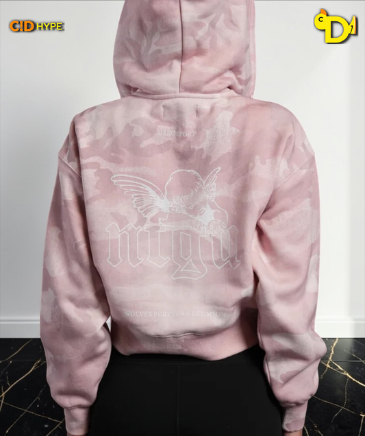Cherub NFGU "Sage" Cropped Zip Hoodie in Blush Vintage Woodland Camo