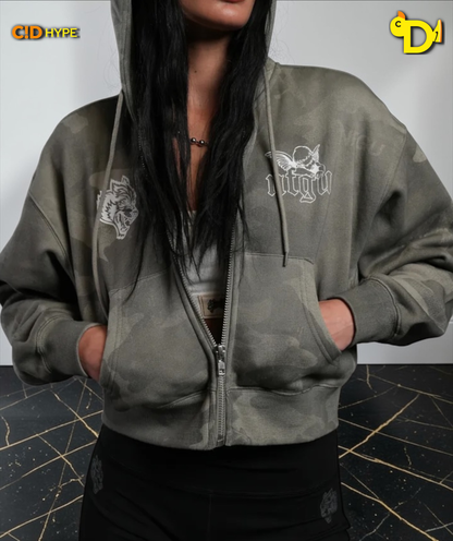 Cherub NFGU "Sage" Cropped Zip Hoodie in Lush Vintage Woodland Camo
