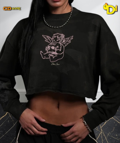 Cherub and the Skull "Premium" Oversized Cropped L/S Tee in Black Vintage Woodland Camo