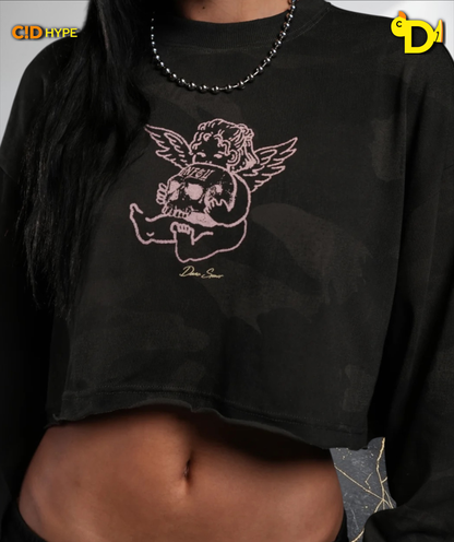 Cherub and the Skull "Premium" Oversized Cropped L/S Tee in Black Vintage Woodland Camo