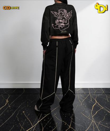 Cherub and the Skull "Premium" Oversized Cropped L/S Tee in Black Vintage Woodland Camo