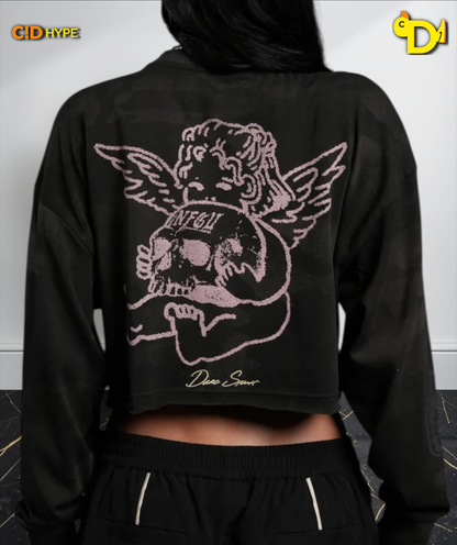 Cherub and the Skull "Premium" Oversized Cropped L/S Tee in Black Vintage Woodland Camo