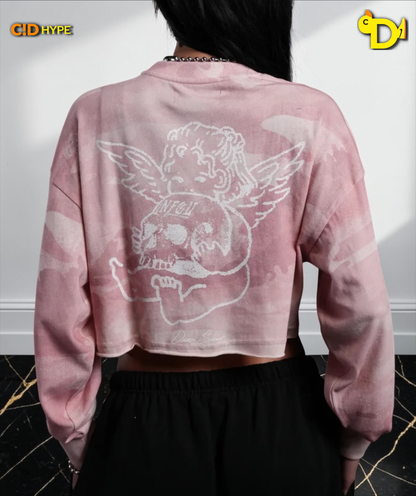 Cherub and the Skull "Premium" Oversized Cropped L/S Tee in Blush Vintage Woodland Camo