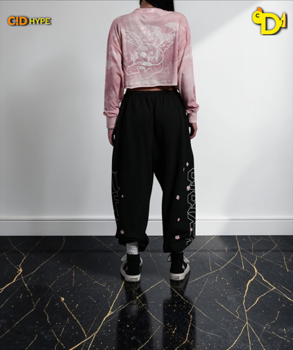 Cherub and the Skull "Premium" Oversized Cropped L/S Tee in Blush Vintage Woodland Camo