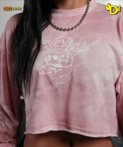 Cherub and the Skull "Premium" Oversized Cropped L/S Tee in Blush Vintage Woodland Camo