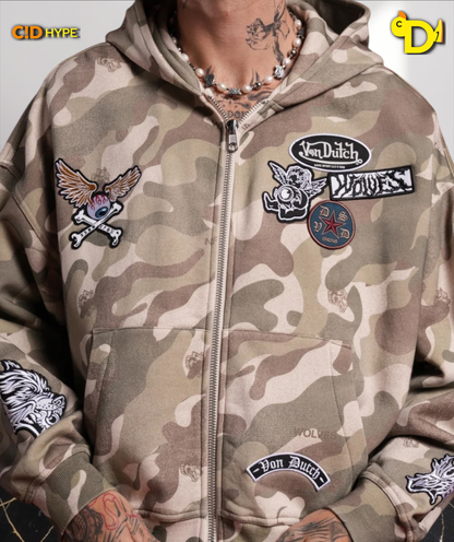 Darc Kulture Vex Double Zip Hoodie in DSVD Green Camo