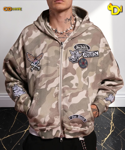 Darc Kulture Vex Double Zip Hoodie in DSVD Green Camo