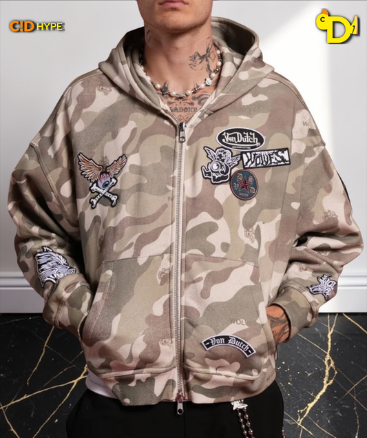 Darc Kulture Vex Double Zip Hoodie in DSVD Green Camo