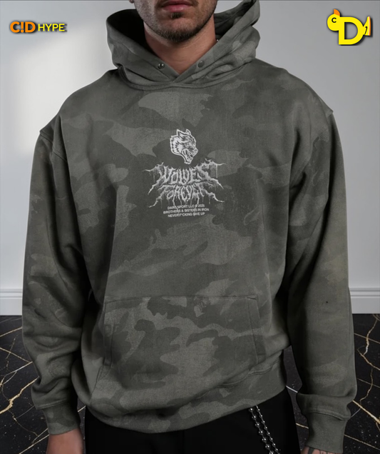 Drip Hesh WLVS FRVR Unisex "Pierce" Hoodie in Lush Vintage Woodland Camo