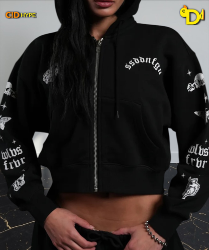 FRVR in the Stars "Sage" Cropped Zip Hoodie in Black