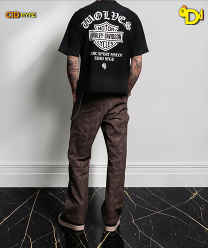 Harley-Davidson Wolves Distressed Grunge Mid-Length Raw Hem Tee in Black Drift Wash