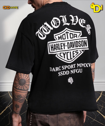 Harley-Davidson Wolves Distressed Grunge Mid-Length Raw Hem Tee in Black Drift Wash