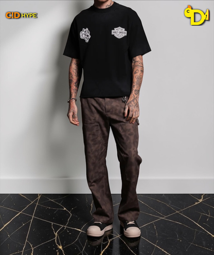 Harley-Davidson Wolves Distressed Grunge Mid-Length Raw Hem Tee in Black Drift Wash