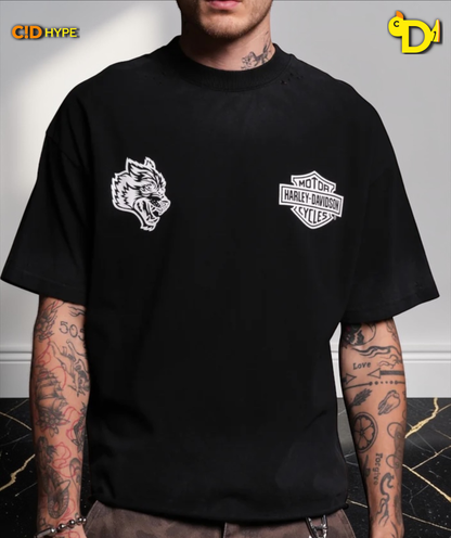 Harley-Davidson Wolves Distressed Grunge Mid-Length Raw Hem Tee in Black Drift Wash