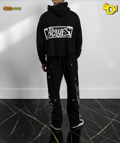 Midnight Wolves Raw Hem "Box Cut" Pierce Hoodie in Black Drift Wash