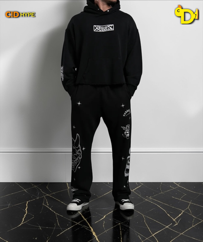 Midnight Wolves Raw Hem "Box Cut" Pierce Hoodie in Black Drift Wash