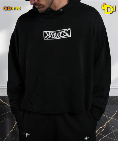 Midnight Wolves Raw Hem "Box Cut" Pierce Hoodie in Black Drift Wash