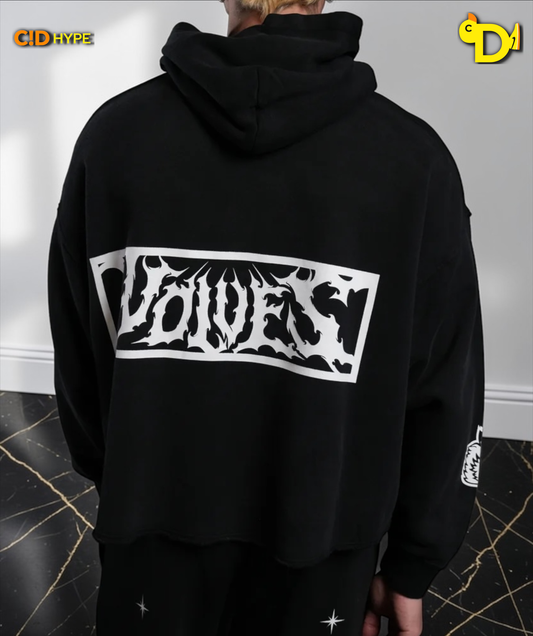 Midnight Wolves Raw Hem "Box Cut" Pierce Hoodie in Black Drift Wash