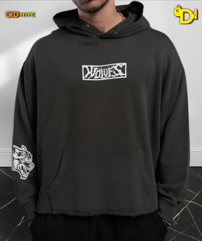 Midnight Wolves Raw Hem "Box Cut" Pierce Hoodie in Wolf Gray Drift Wash