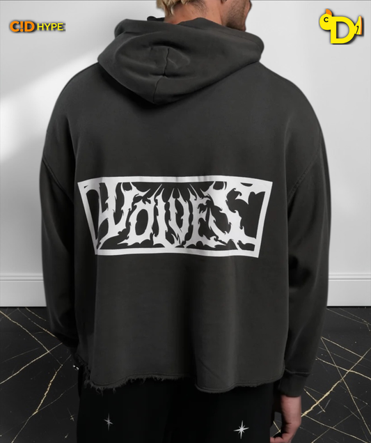 Midnight Wolves Raw Hem "Box Cut" Pierce Hoodie in Wolf Gray Drift Wash