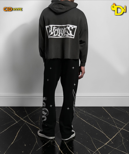 Midnight Wolves Raw Hem "Box Cut" Pierce Hoodie in Wolf Gray Drift Wash