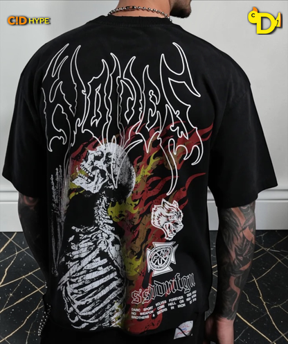 Mori Flames Distressed Grunge Tee in Black Drift Wash