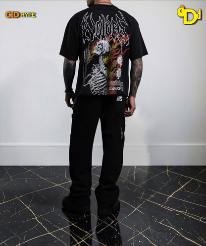 Mori Flames Distressed Grunge Tee in Black Drift Wash