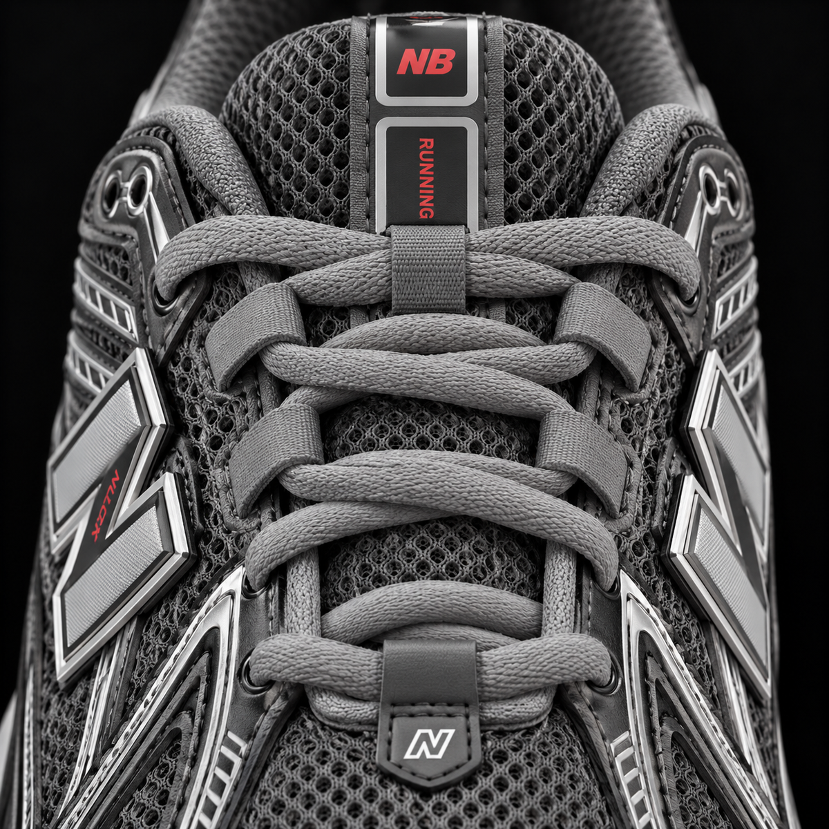 New Balance 1906R Black Metallic Grey Urgent Red, detalle de agujetas — Crazy!Duck Hype