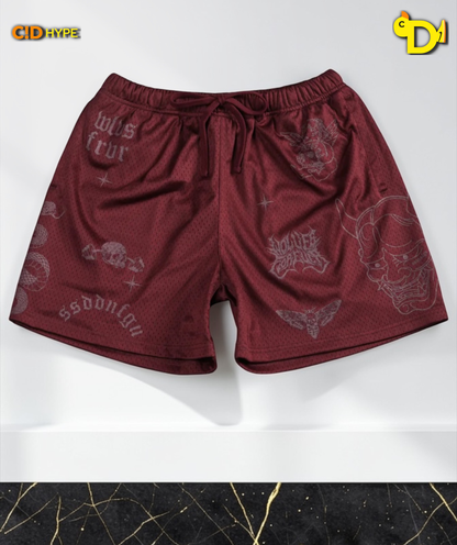 Oni Wolves Mesh Shorts in Oxblood