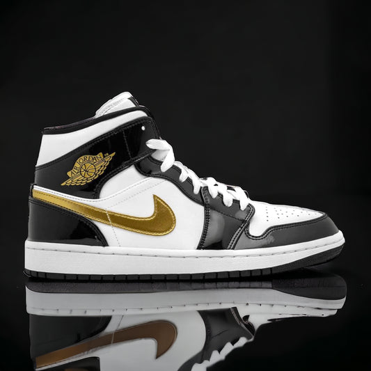 Jordan 1 Mid "Patent Black White Gold"