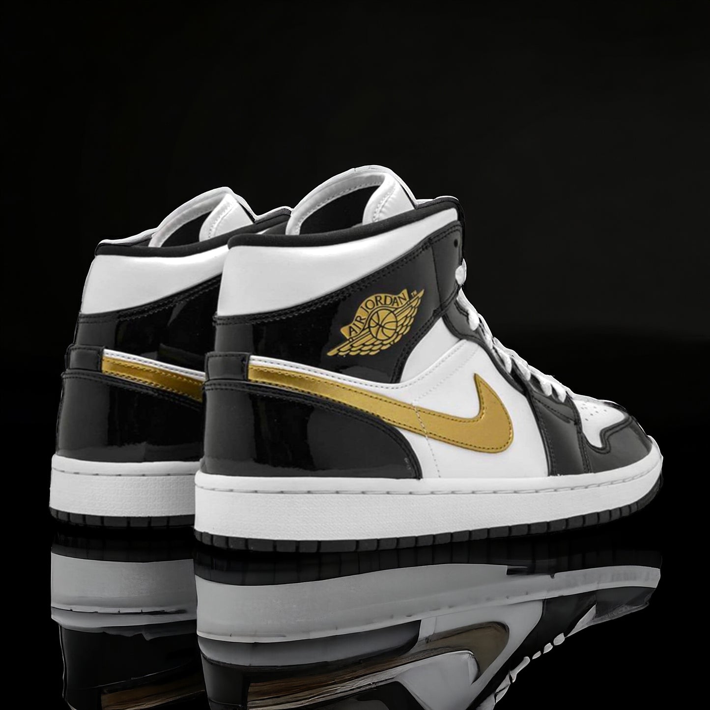 Jordan 1 Mid "Patent Black White Gold"