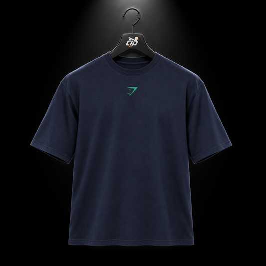 Gymshark Power T-Shirt Heavy Blue/Track Green, vista frontal — Crazy!Duck Hype