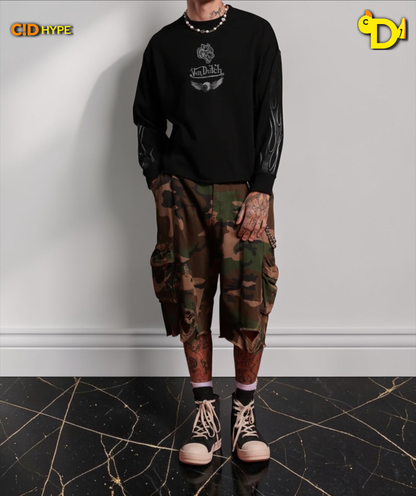 Take-Off Grunge Mid-Length Raw Hem LS Tee in Black