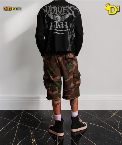 Take-Off Grunge Mid-Length Raw Hem LS Tee in Black