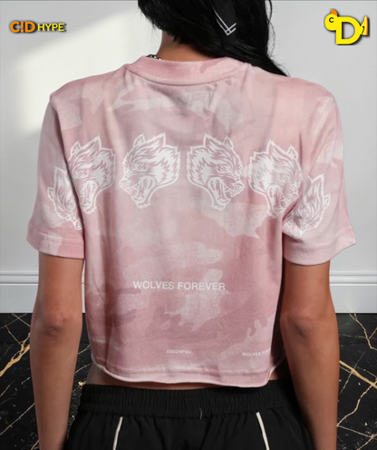 Wolves Have Your Back Premium Oversized Cropped Tee in Blush Vintage Woodland Camo