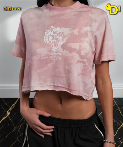Wolves Have Your Back Premium Oversized Cropped Tee in Blush Vintage Woodland Camo