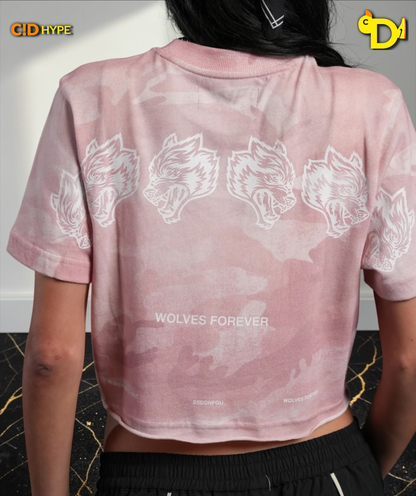 Wolves Have Your Back Premium Oversized Cropped Tee in Blush Vintage Woodland Camo