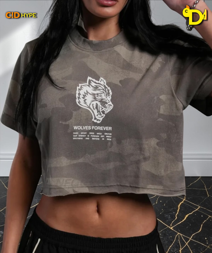 Wolves Have Your Back Premium Oversized Cropped Tee in Lush Vintage Woodland Camo