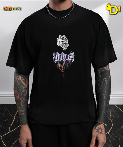 Wolves Lightning Distressed Grunge Tee in Black Drift Wash