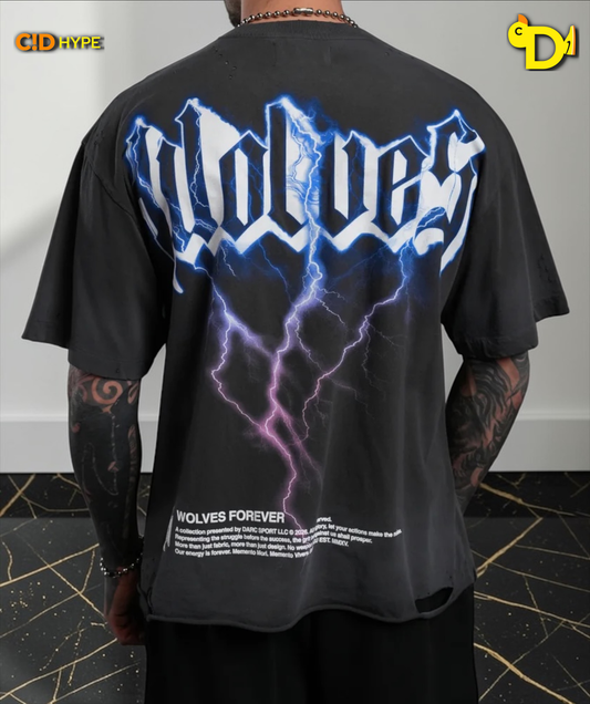 Wolves Lightning Distressed Grunge Tee in Wolf Gray Drift Wash