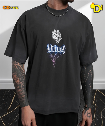 Wolves Lightning Distressed Grunge Tee in Wolf Gray Drift Wash