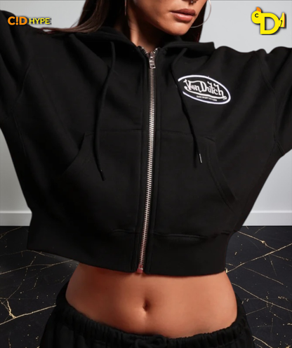 Y2Kulture "Sage" Cropped Zip Hoodie in Black