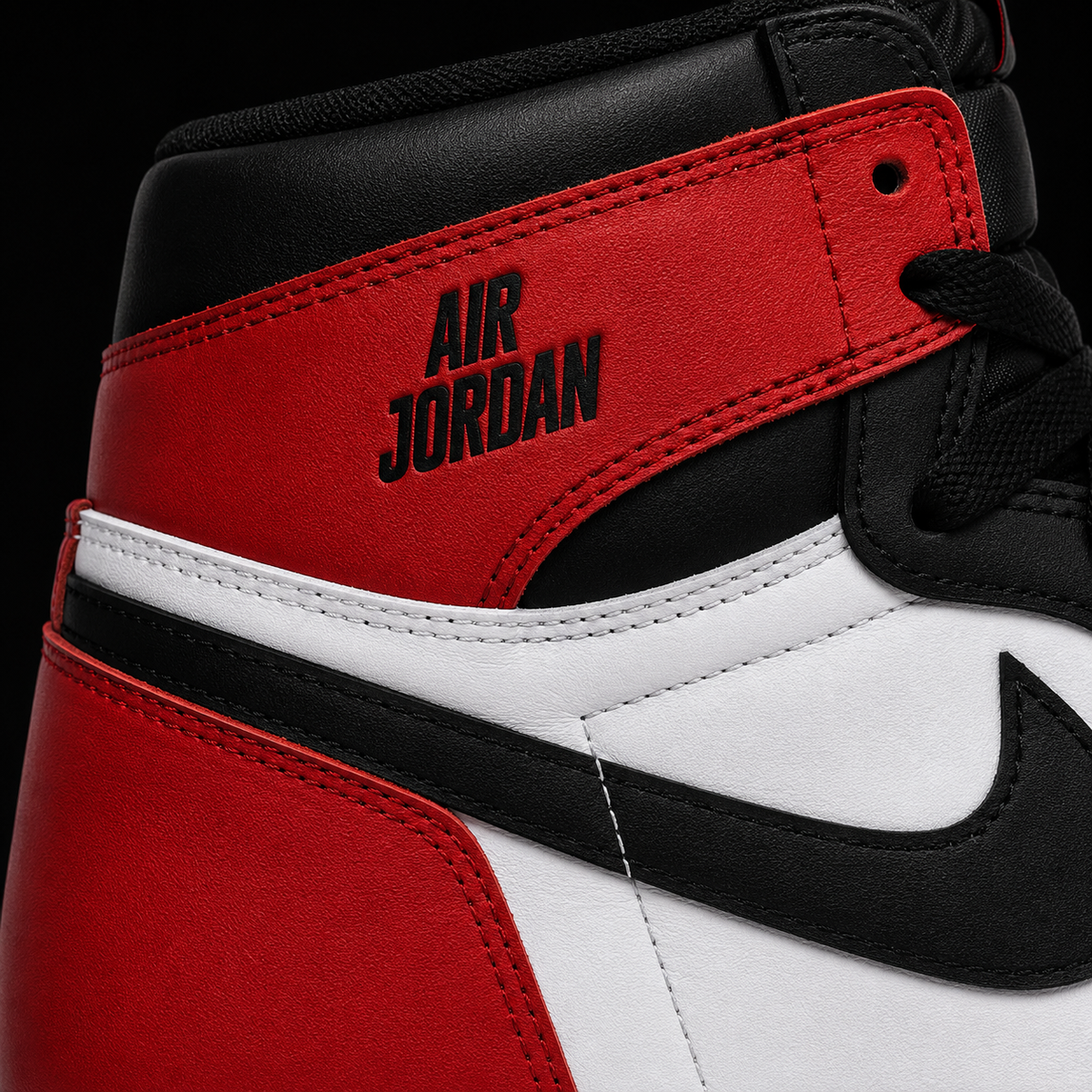 Air Jordan 1 High OG Black Toe Reimagined, detalle de logo y material — Crazy!Duck Hype